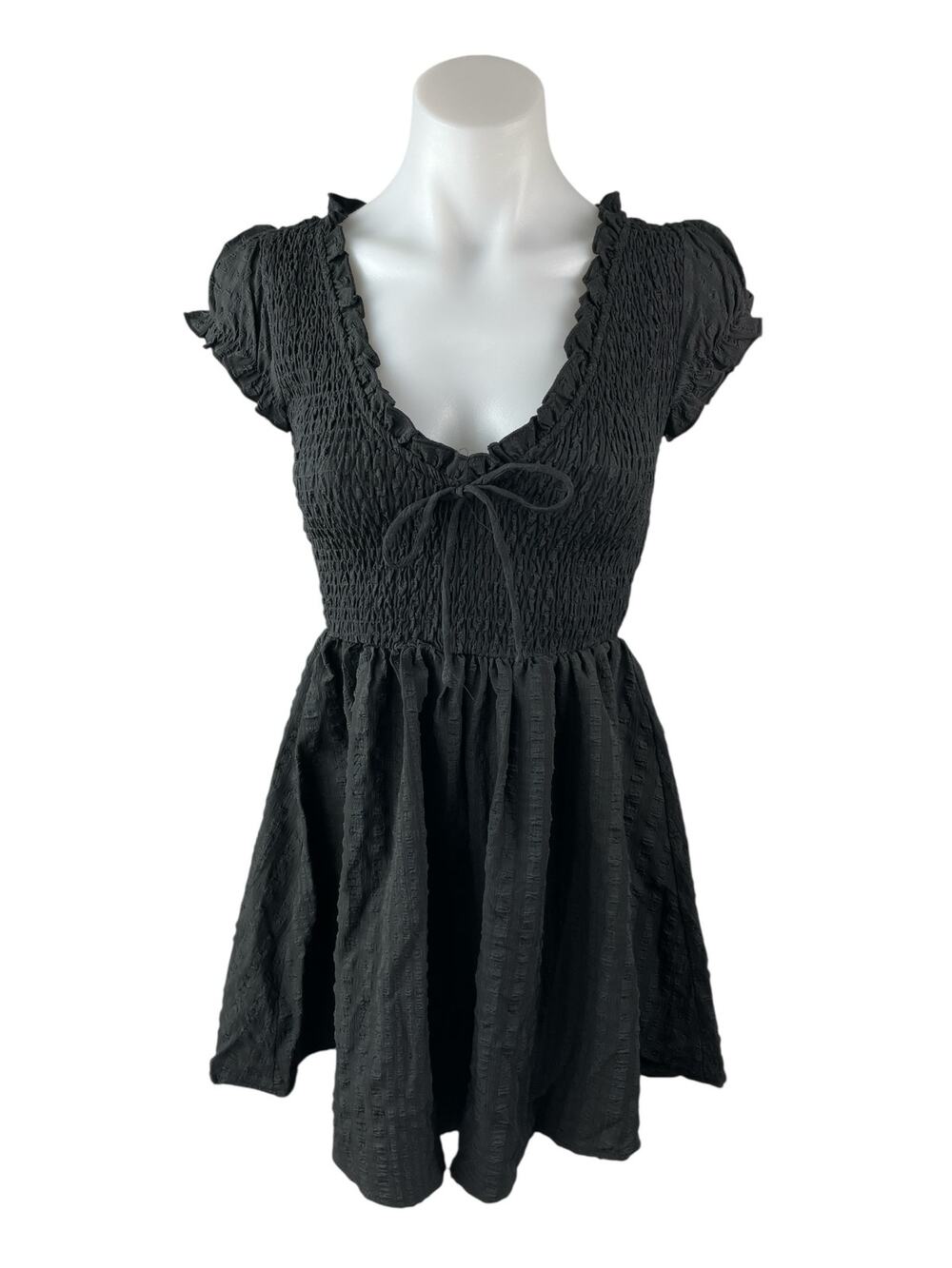Princess Polly Black Smocked Ruffle Scoop Pleated Short Sleeve Romper Shorts 0